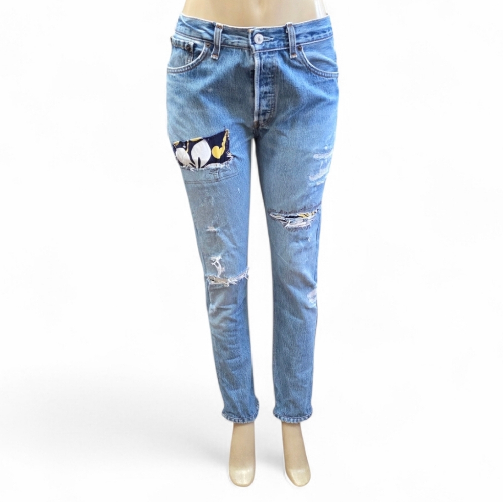 RE/DONE  Jeans Womens 25 Blue Patch Distressed Straight Leg Raw‎ Hem USA Denim